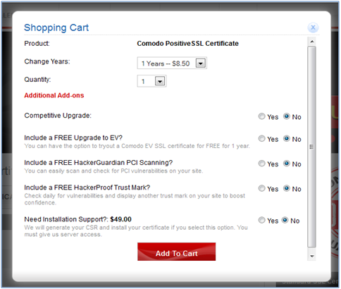 Shopping Cart- Select Quantity & Years for SSL Certificate