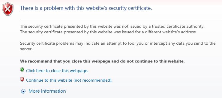 problem with this websites security certificate