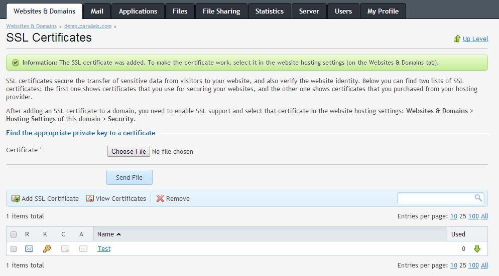 SSL Certificate Working - Plesk 12