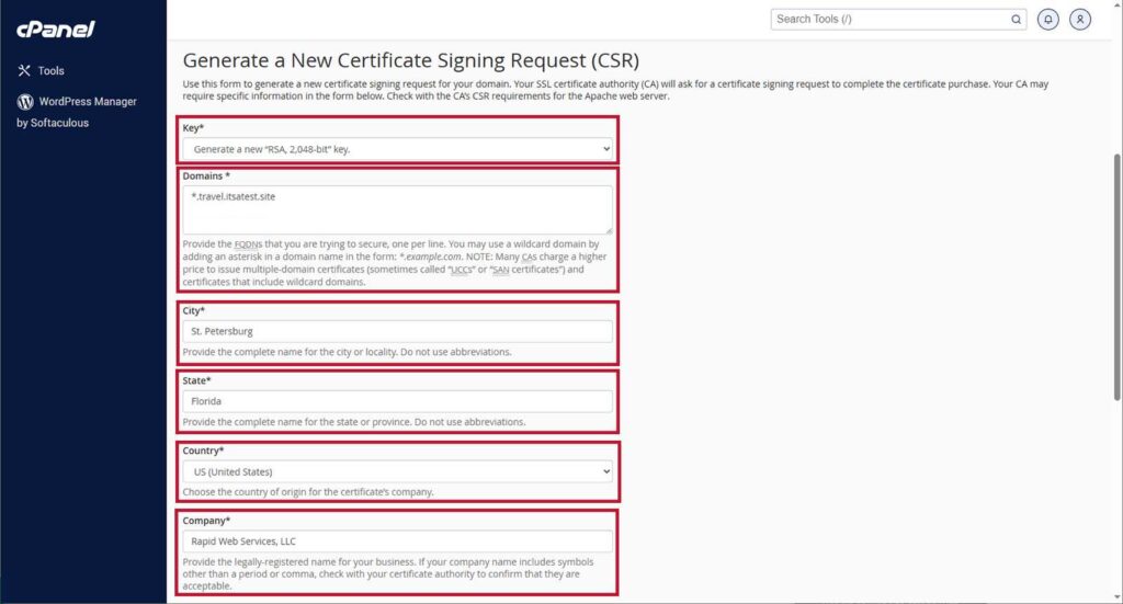 A screenshot example showcasing what a certificate signing request form looks like for a basic wildcard SSL certificate (wildcard CSR)