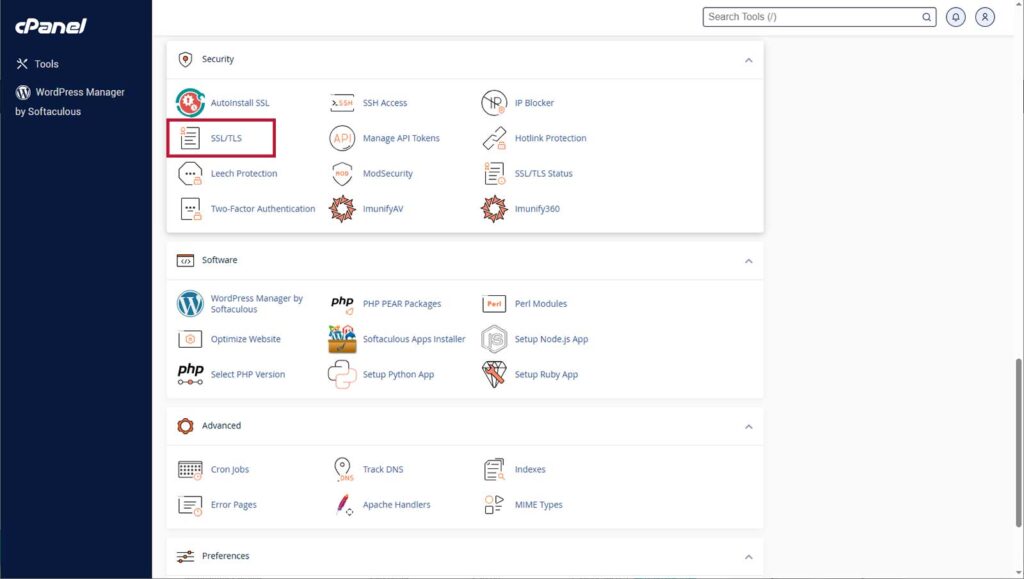 A screenshot from our test server cPanel that shows where to access SSL/TLS settings
