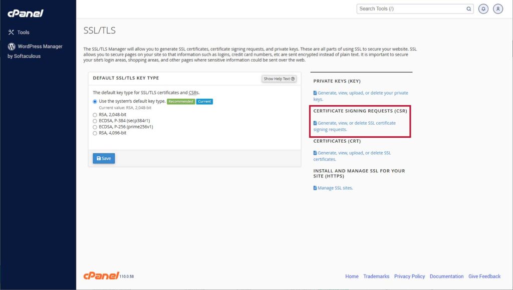 A screenshot of where to access the certificate signing request (CSR) form so you can get a wildcard certificate signing request generated