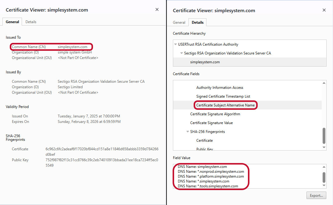A combined set of screenshots that show what a multi-domain wildcard SSL certificate looks like and how it uses the asterisk to secure multiple root domains and subdomains of various levels
