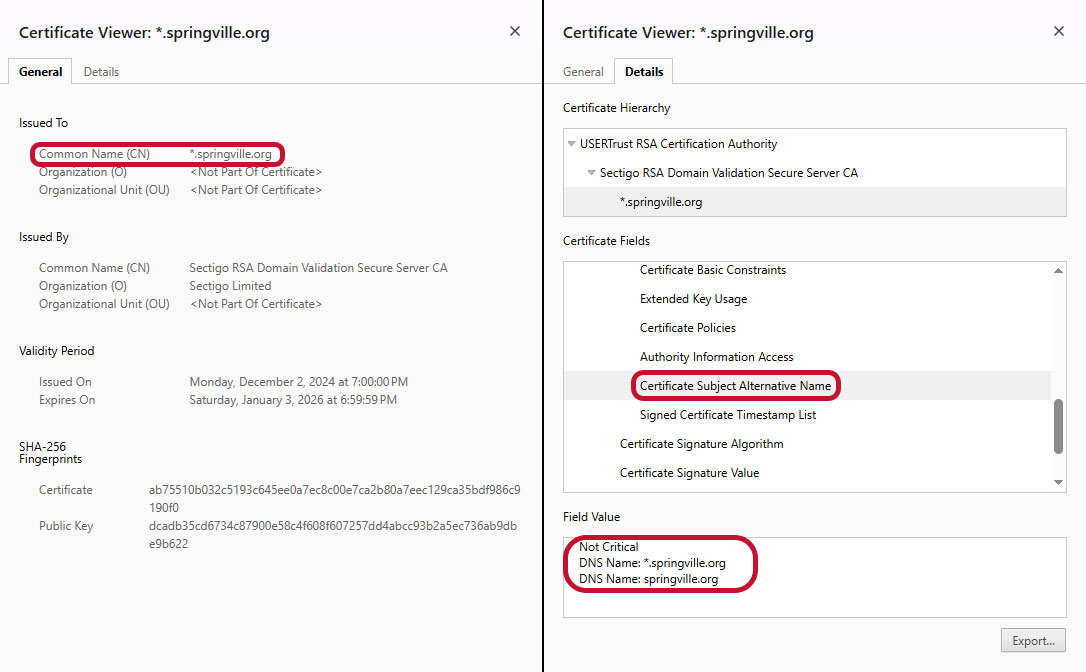 A combined set of screenshots that show what a wildcard SSL certificate looks like and how it uses the asterisk to secure first-level subdomains