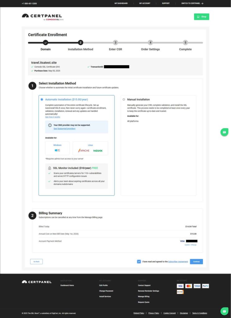 A screenshot of the step in the Certificate Enrollment process where you select your installation method