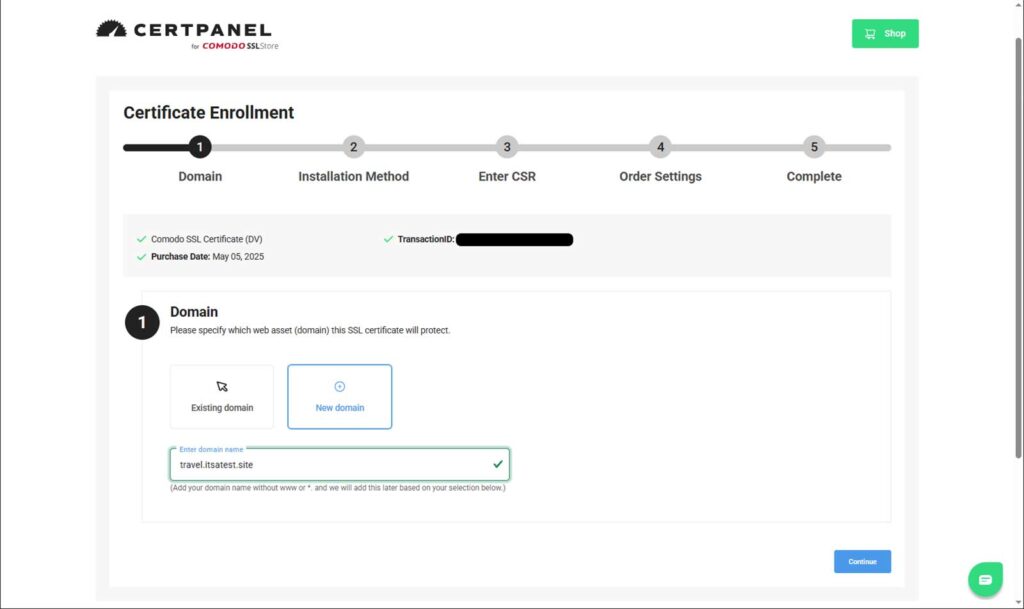 A screenshot showcasing the first step of the Certificate Enrollment process for a domain validation SSL/TLS certificate