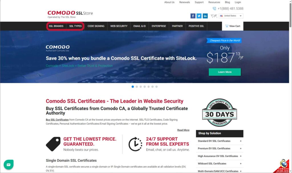 A screenshot of where to browse SSL/TLS certificates by brand or certificate types on ComodoSSLstore.com