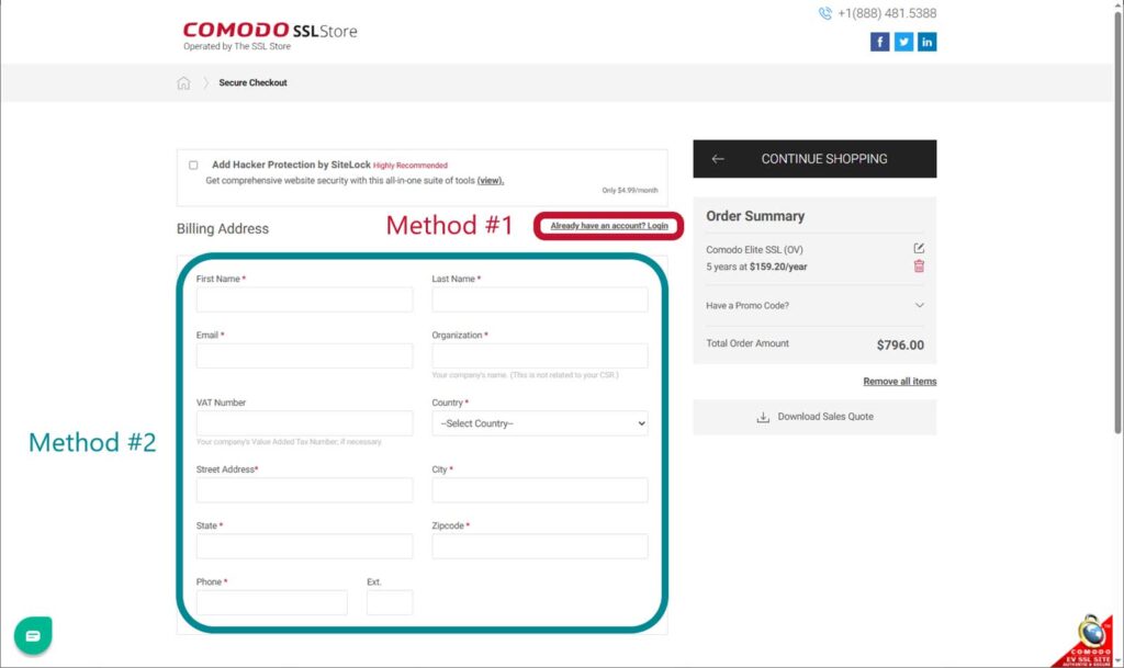 This screenshot demonstrates where to either manually add your personal and billing details or find the button to log into an existing account and have these fields auto-populate for you