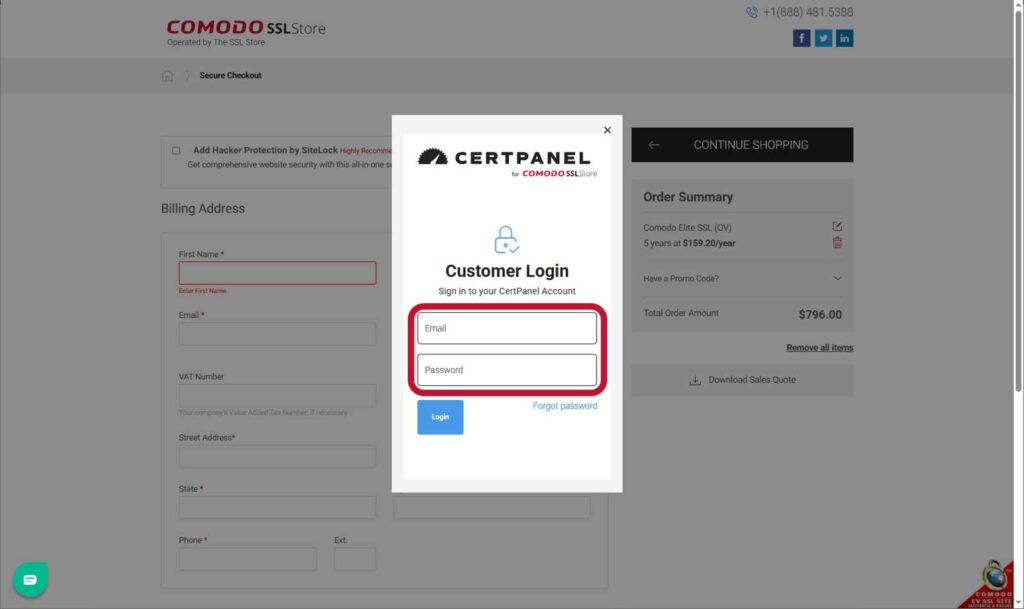 A screenshot of the login screen on ComodoSSLstore.com