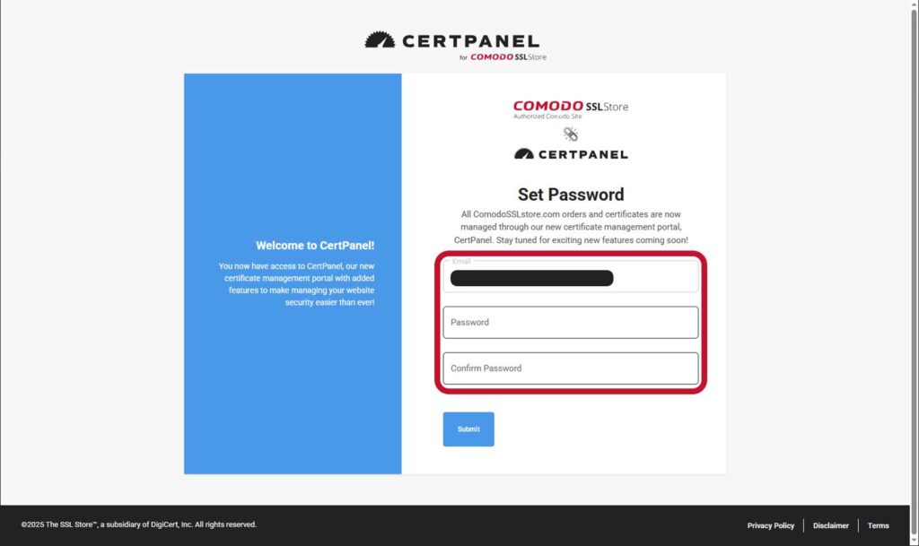 A screenshot of the CertPanel Set Password screen