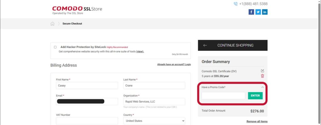 During the checkout process of getting an HTTPS certificate from ComodoSSLstore.com, you can add a coupon code.
