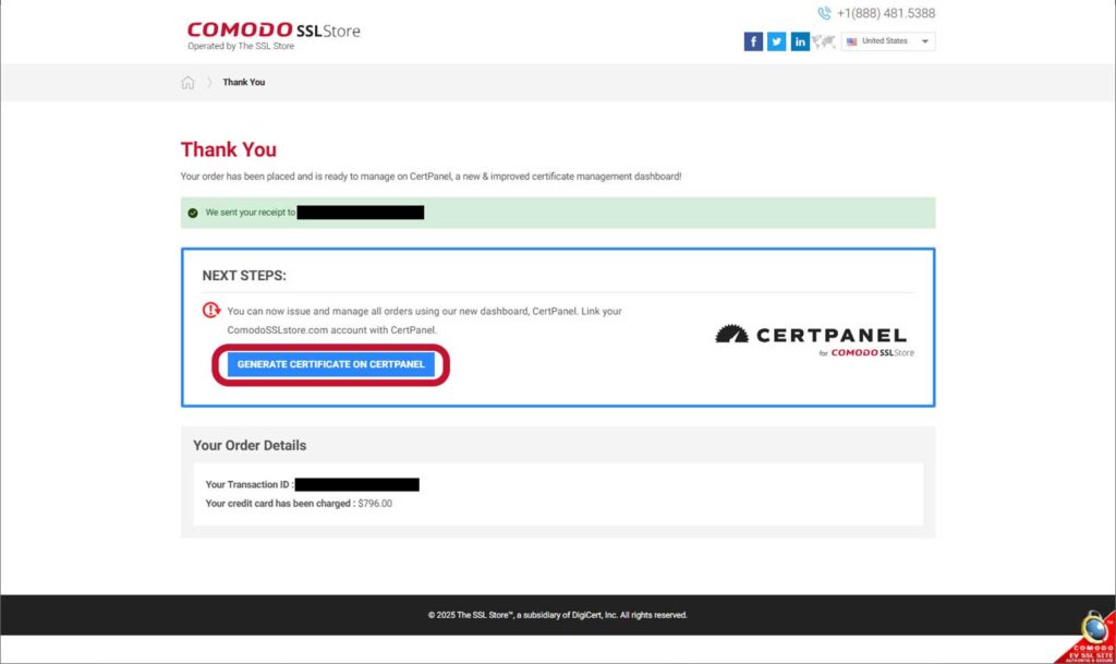 A demonstration of where to find the button to generate a certificate on ComodoSSLstore.com's CertPanel dashboard