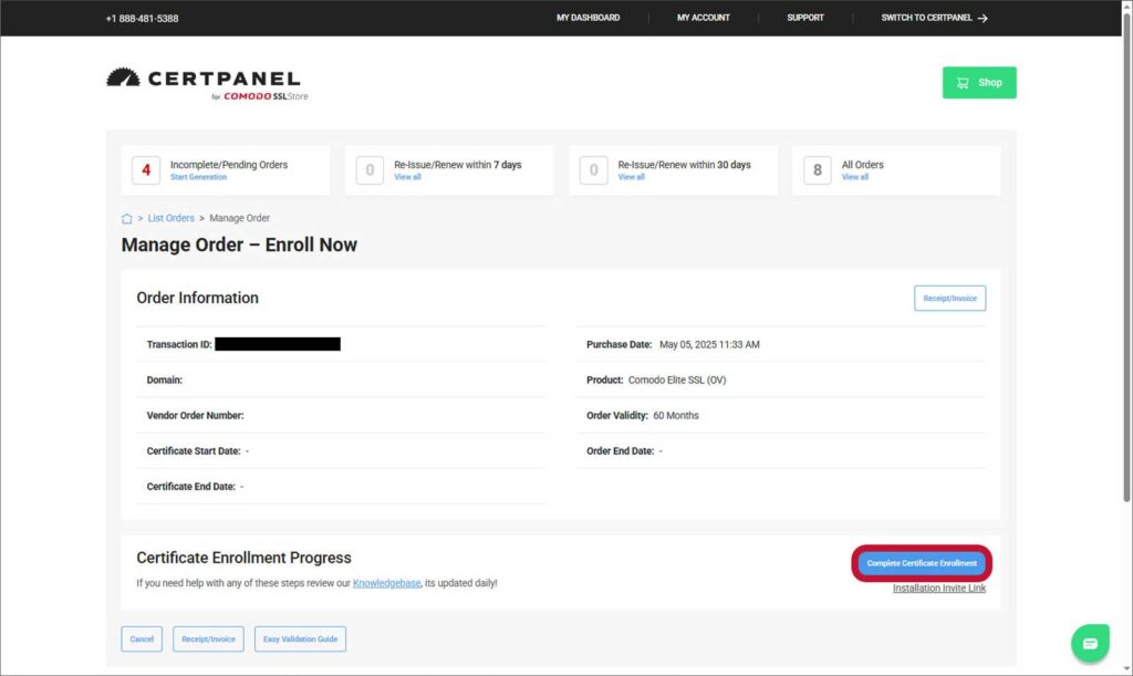 A screenshot of the CertPanel Manage Order screen and the button to start the Certificate Enrollment process