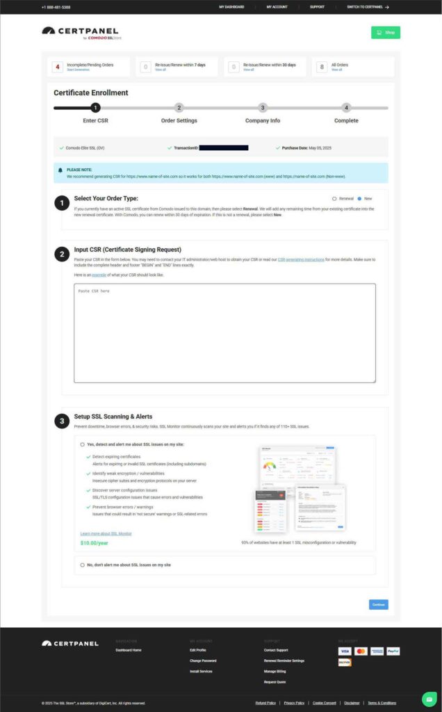 A screenshot of the certificate enrollment process that involves entering your CSR data