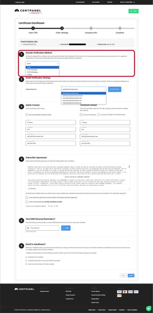 A screenshot showing where to select the domain control validation (DCV) method you wish to use. 