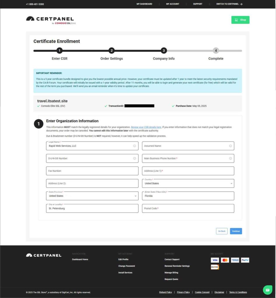 Screenshot of step in the Certificate Enrollment process where you'll specify your organizational details (if applicable)