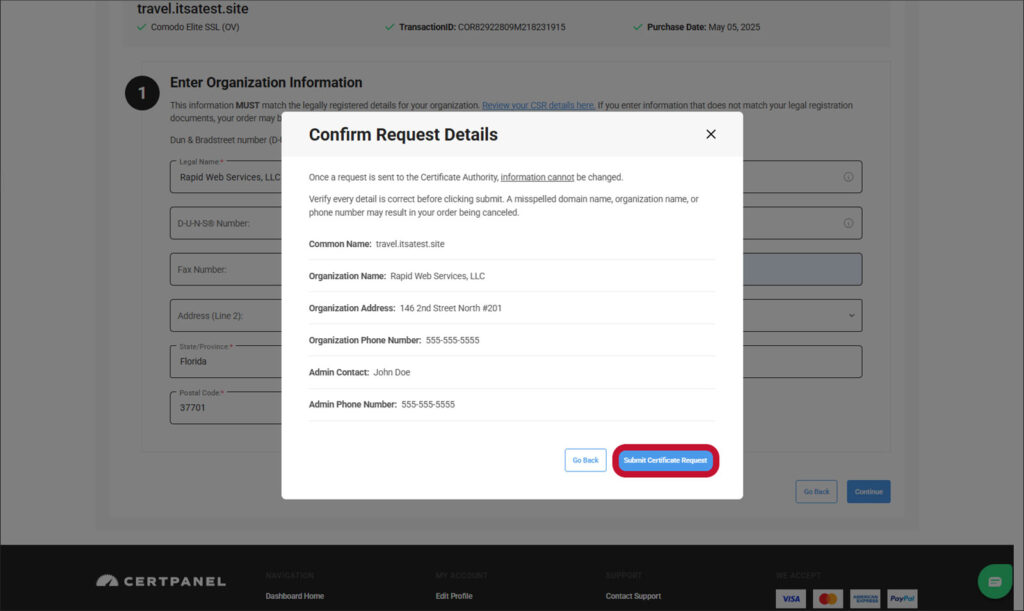 A screenshot of the ComodoSSLstore.com certificate enrollment details confirmation screen