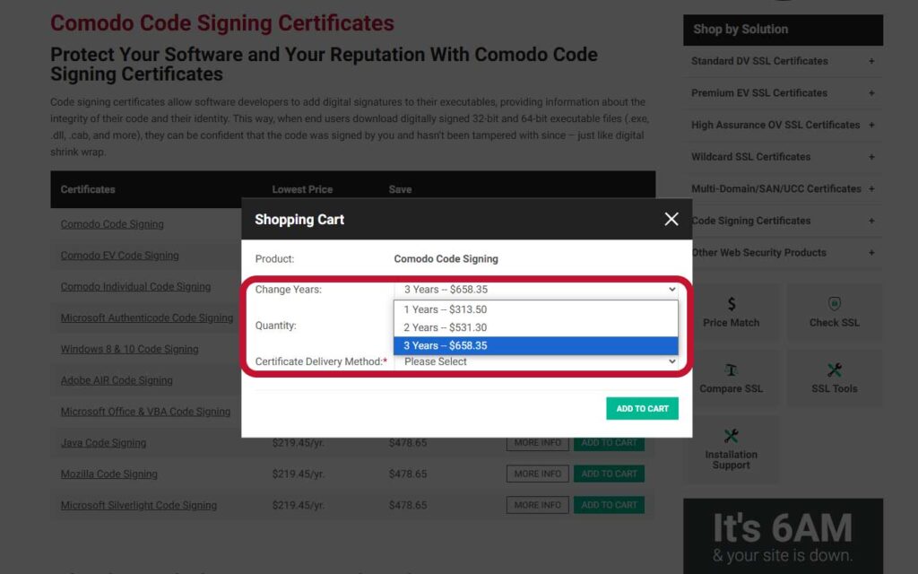 Sectigo code signing certificate instructions: A screenshot demonstrating where to select the number of years for a code signing certificate when buying one on ComodoSSLstore.com