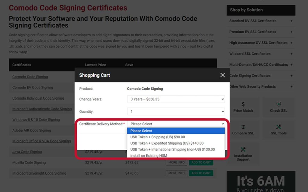 Comodo code signing certificate instructions: A screenhot demonstrating where to find the certificate delivery method options when getting a code signing certificate on ComodoSSLstore.com