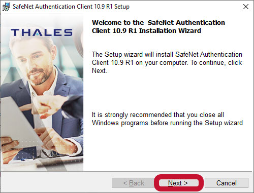 A screenshot of the SafeNet Authentication Client installaiton screen