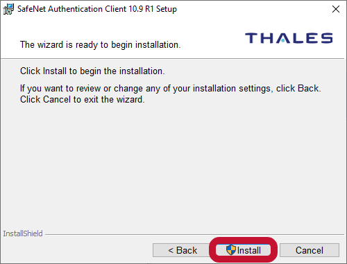 Comodo code signing certificate instructions: A screenshot of the SafeNet Authentication Client installation screen