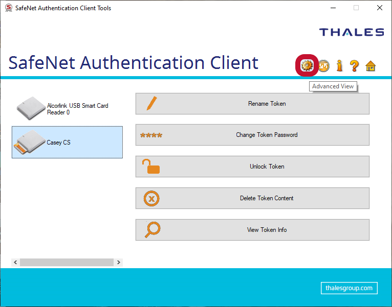 Sectigo (Comodo) code signing certificate instructions on where to find the Advanced View icon in the SafeNet Authentication Client