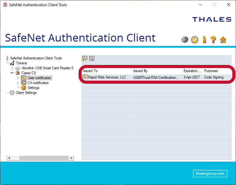 Visual instructions on where to find the details of a Sectigo Code Signing Certificate (formerly called a Comodo Code Signing Certificate) in the SafeNet Authentication Client 