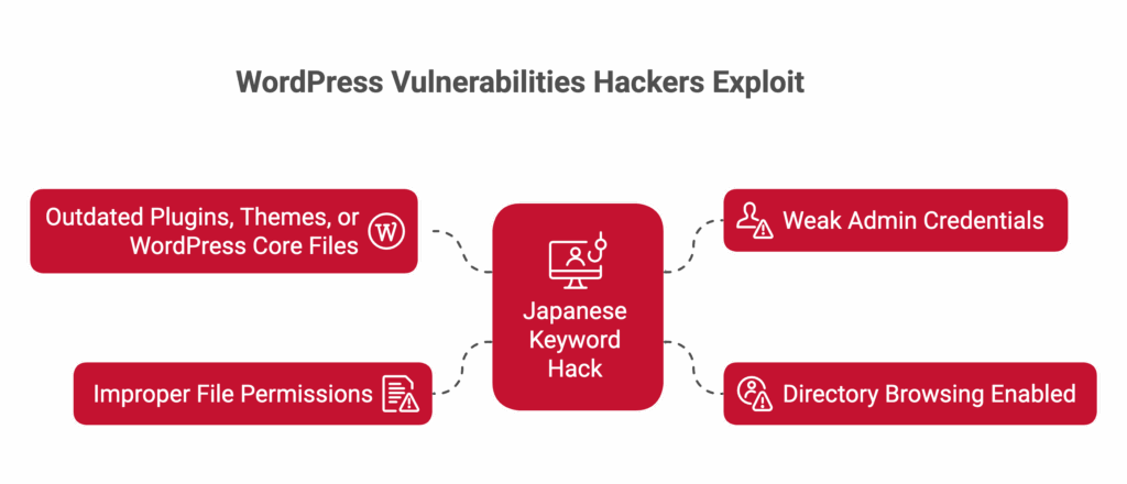 Diagram showing key WordPress vulnerabilities that enable the Japanese Keyword Hack, including outdated plugins and themes, weak admin credentials, improper file permissions, and enabled directory browsing.