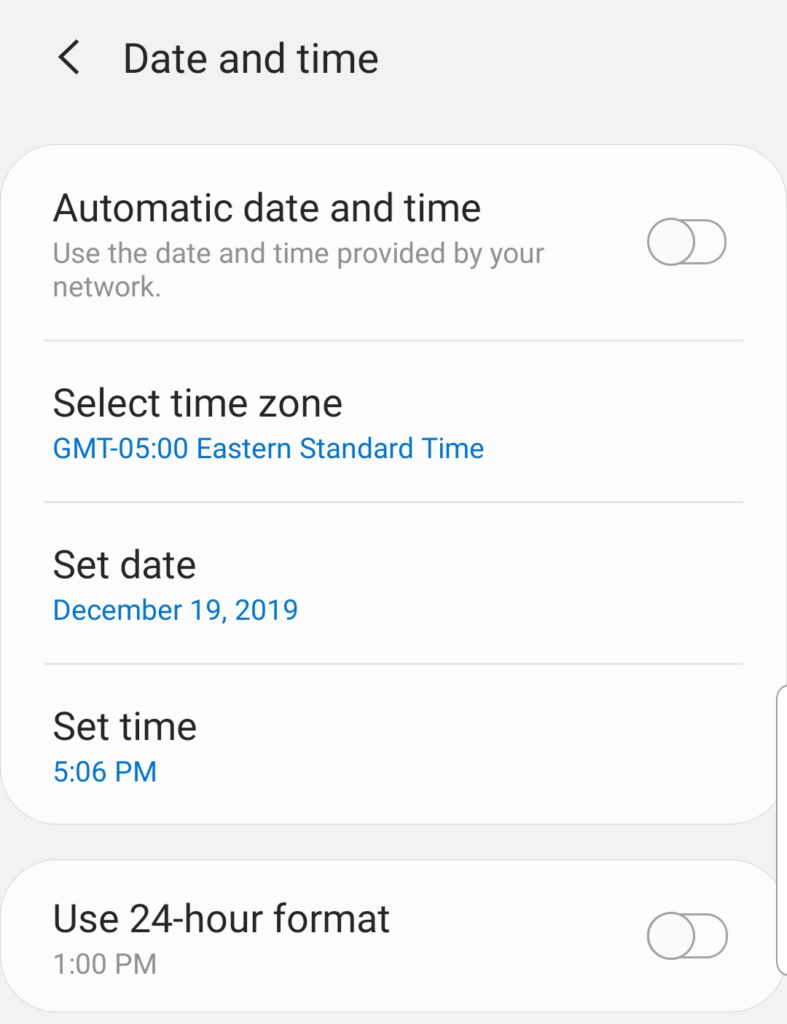 Screenshot of an Android device's date and time settings menu