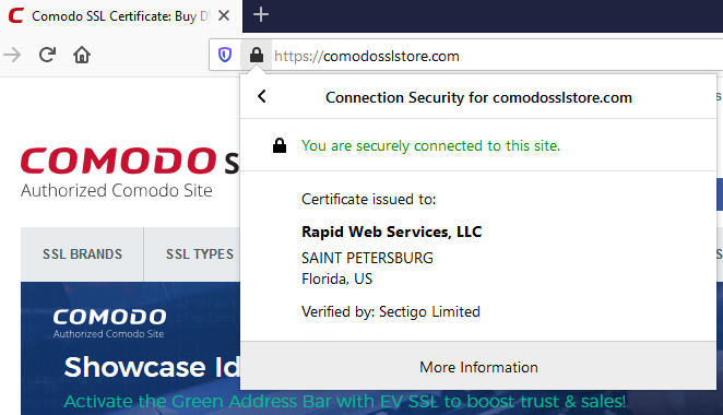 Screenshot of how the website security certificate information appears in Google Chrome