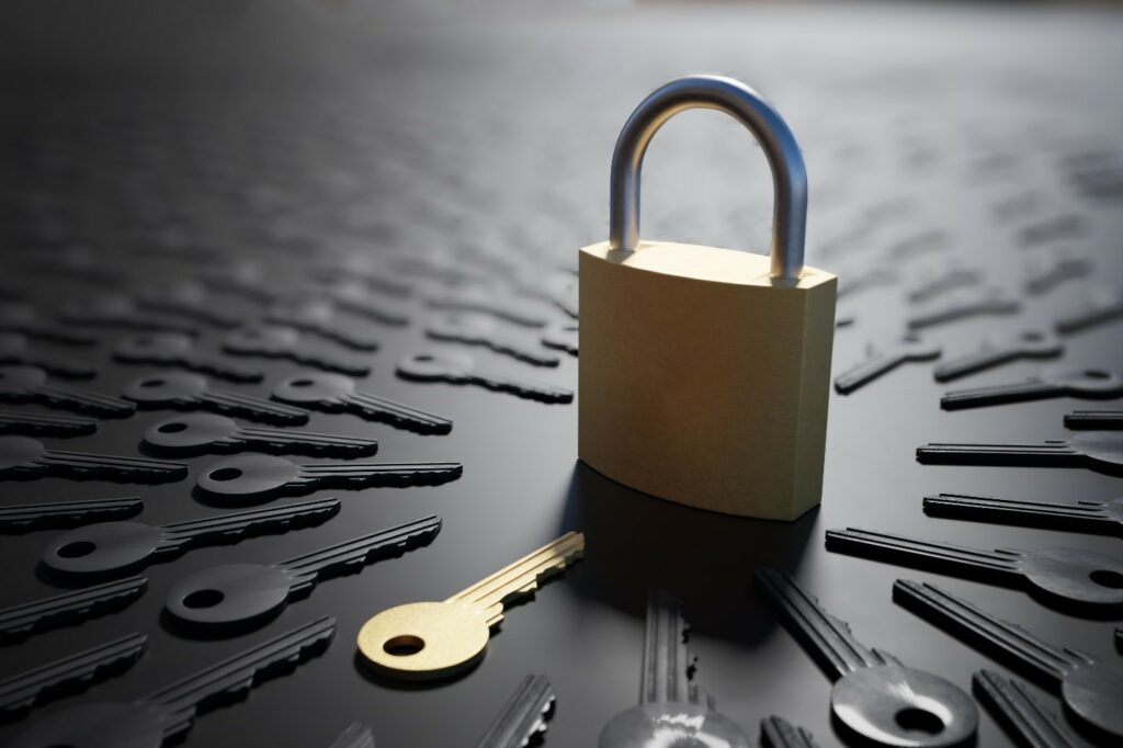 Keys surrounding a padlock. 