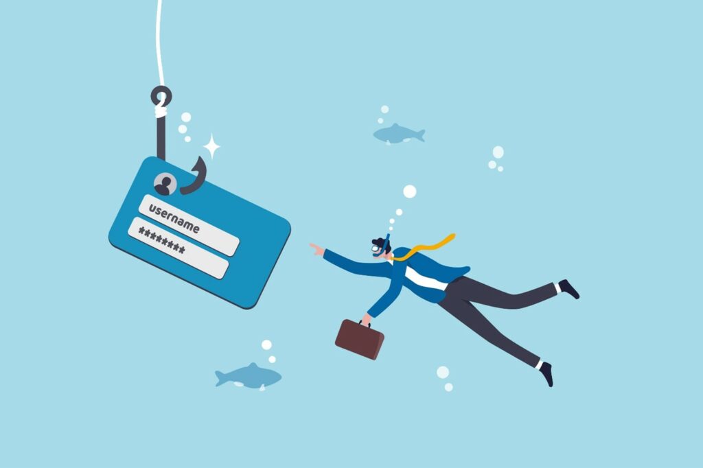 Cartoon of a businessman underwater swimming after login credentials on a hook. 