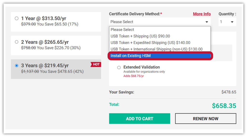 A screenshot of the ComodoSSLstore.com Code Signing Certificate product page menu where you can select an existing HSM as a certificate delivery method 