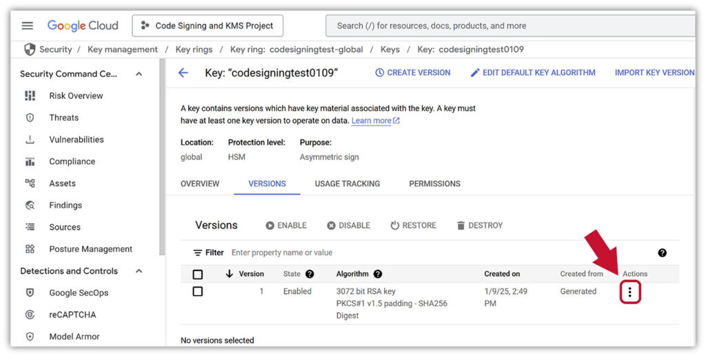 A screenshot that shows were to access the menu where you can download the key attestation from Google Cloud Key Management Service (Google Cloud KMS)