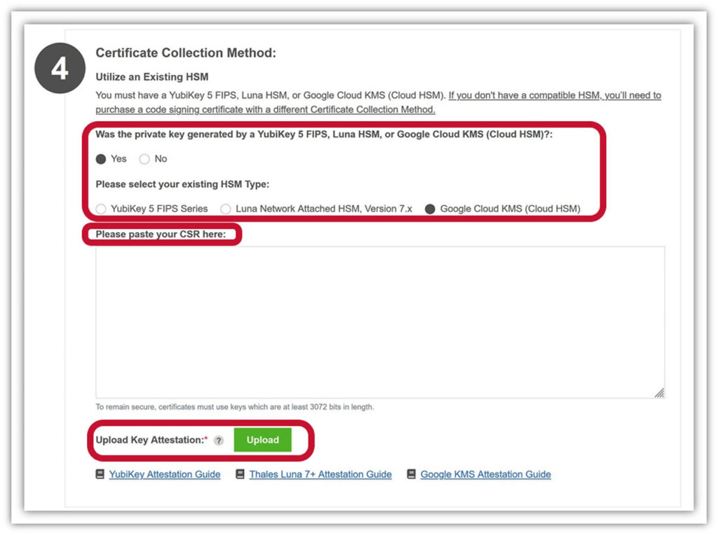 A screenshot from CertificateGeneration.com, which shows where to upload your CSR and key attestation information when using Google Cloud Key Management Service (Google Cloud KMS) for code signing with a Comodo Code Signing Certificate