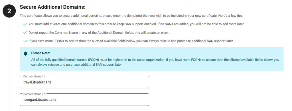 How to add a SAN to a certificate graphic: An example that shows how to list additional domains to an existing certificate that's being reissued