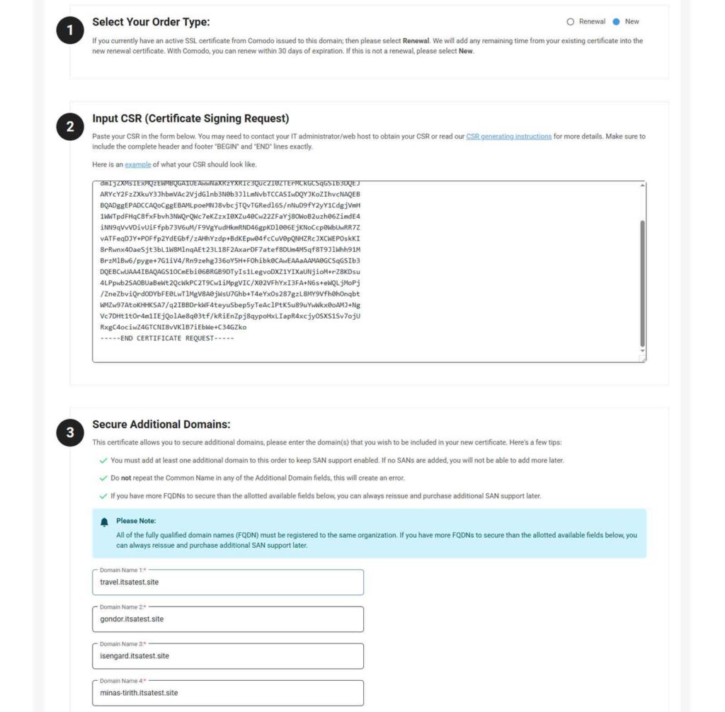 A screenshot showing an example of where to insert the CSR info and the fields where you can add a SAN (or multipl SAN domains) to your certificate