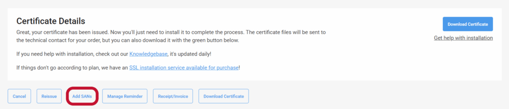 A screenshot showing how to start add subject alternative name domains to an existing SSL/TLS certificate
