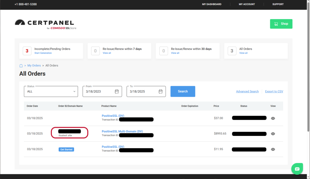 A screenshot example that shows where to find a certificate order number in CertPanel