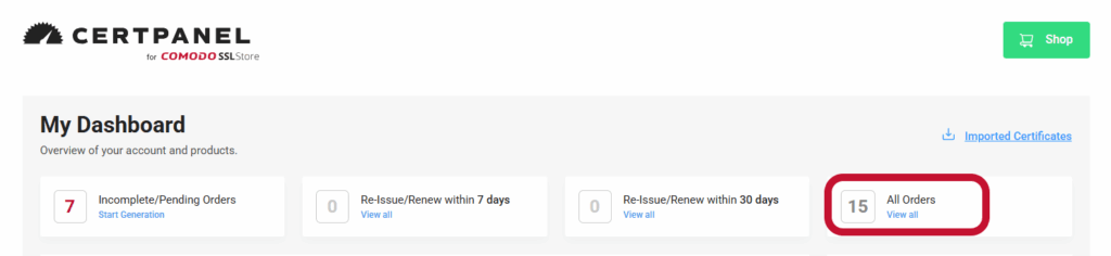 A screenshot showing where to find your orders in CertPanel
