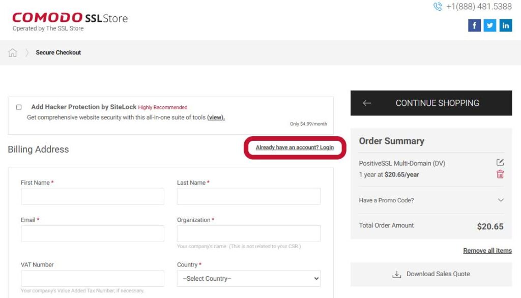 A screenshot demonstrating how to log in to CertPanel from the checkout screen