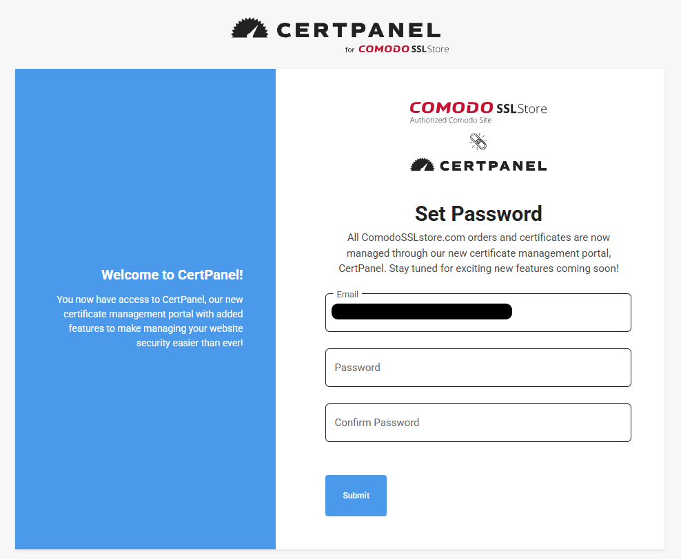 A screenshot that shows the screen where you can connect CertPanel to your ComodoSSLstore.com account. 