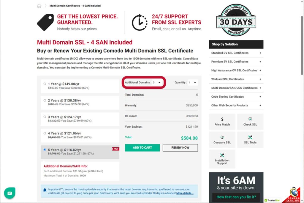 A screenshow showing how to add additional SAN domains when purchasing a new multi-domain SSL/TLS certificate