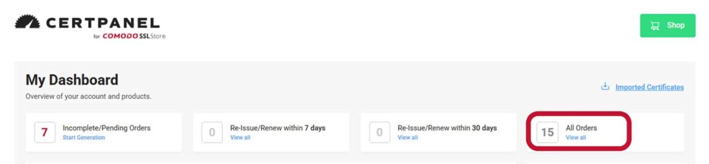 A screenshot showing where to access My Orders in CertPanel