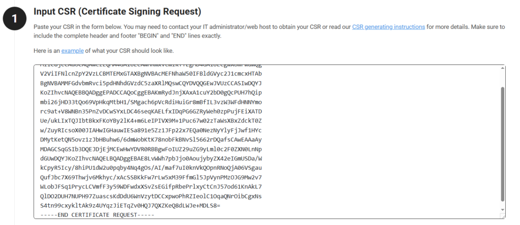 An example generated certificate signing request