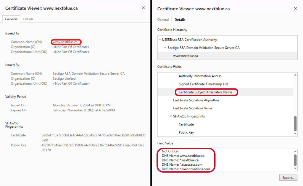 A two-part set of screenshots that shows a wildcard SSL certificate's Common Name field as well as its Subject Alternative Name entries