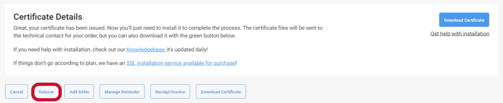 How to add a SAN graphic: A screenshot showing where to find the reissue button in ComodoSSLstore.com's CertPanel dahsboard
