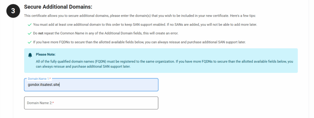 A screenshot showing where to add additional domains in the certificate enrollment process in CertPanel