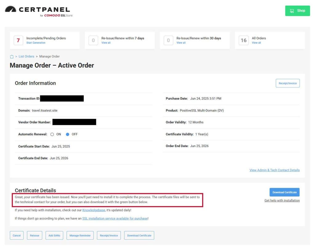 An illustration showing what it looks like when a certificate is successfully issued after validation in CertPanel