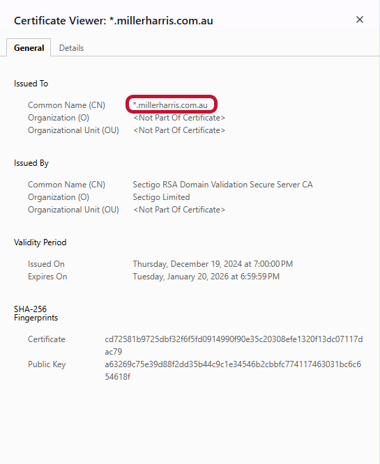 A wildcard certificate example screenshot that shows the certificate's Common Name field is a wildcard domain (i.e., *.millerharris.com.au)